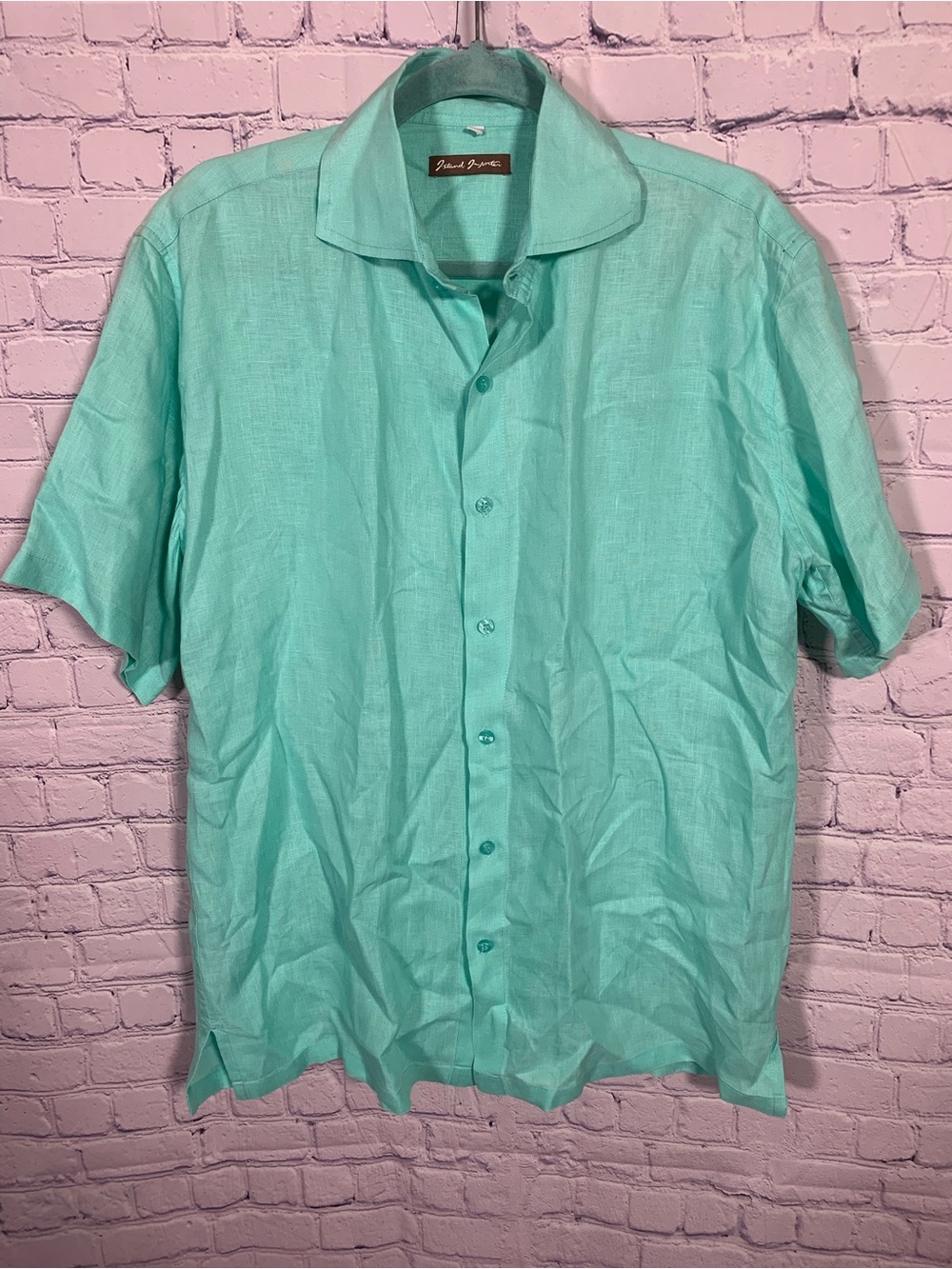 Island Imports Mens Short Sleeve Linen Button Down Teal Size L Minimalist Beach